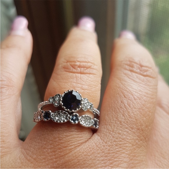 Swarovski Elements Blue Sapphire Round Solitaire Ring Band Set NEW - Picture 7 of 7